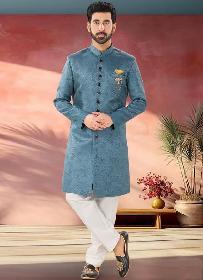 Jacquard Light Blue Wedding Wear Embroidery Work Readymade Sherwani